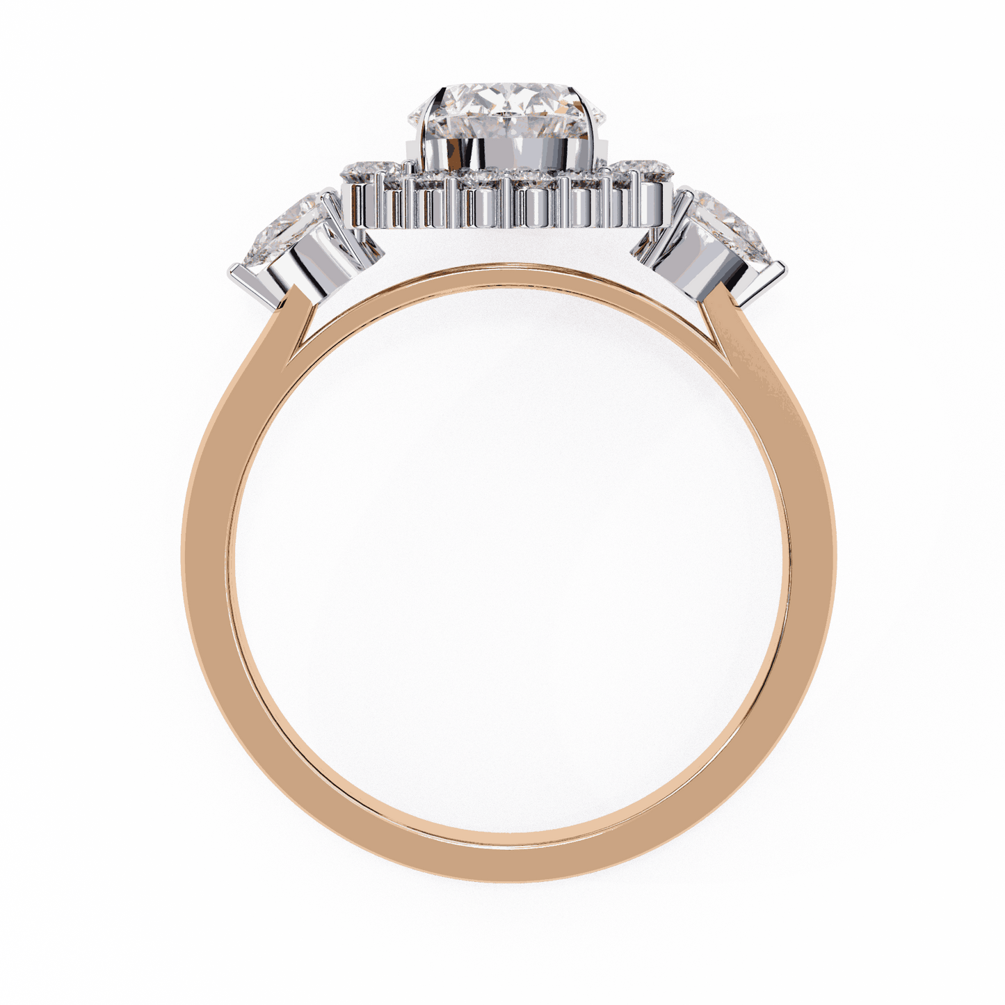 Oval Cut Lab Grown Diamond Halo Engagement Ring with Pear Side Stones and Cluster Shoulders