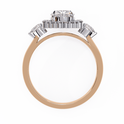 Oval Cut Lab Grown Diamond Halo Engagement Ring with Pear Side Stones and Cluster Shoulders