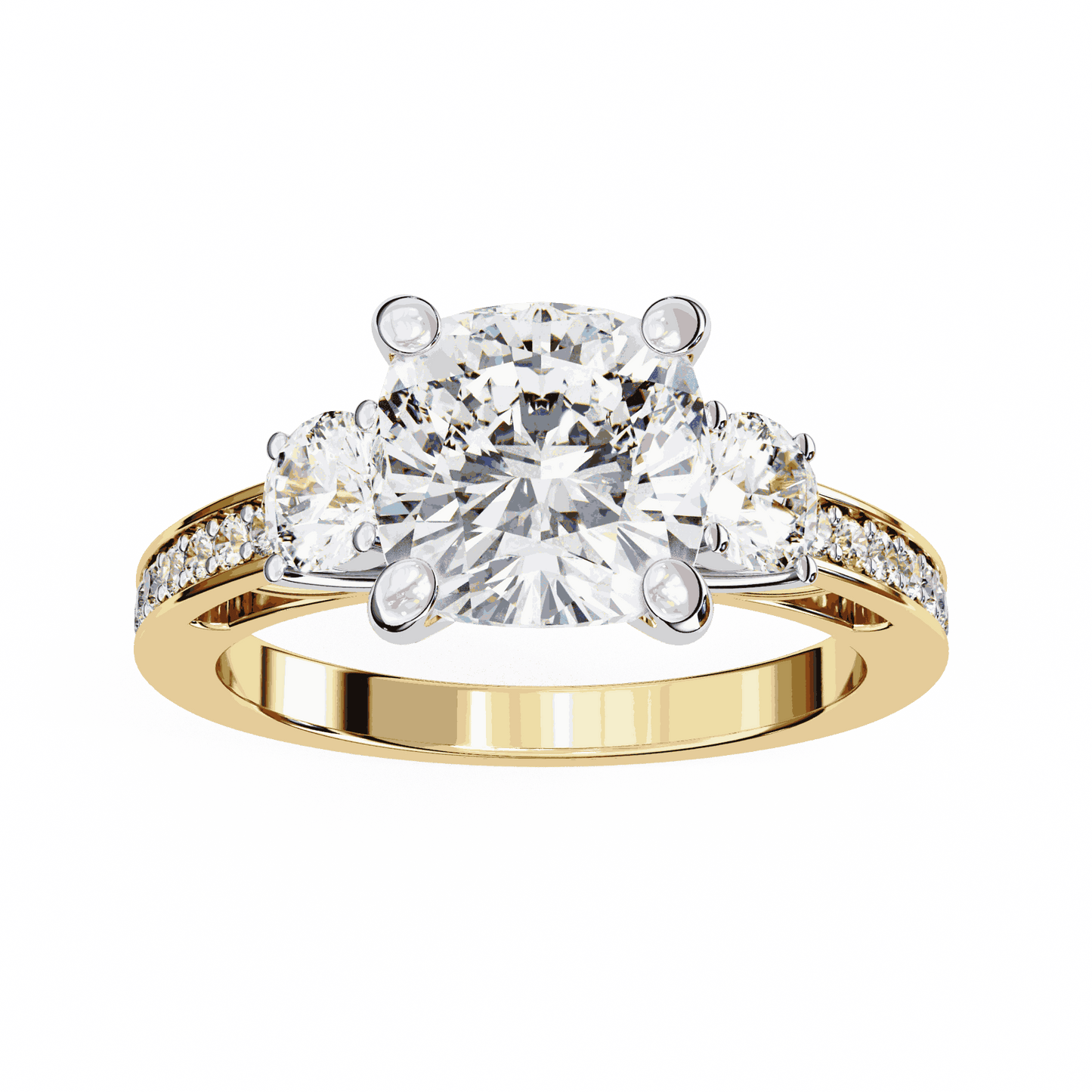 Cushion Cut Lab Grown Diamond Three Stone Engagement Ring with Round Side Stones and Pave Band