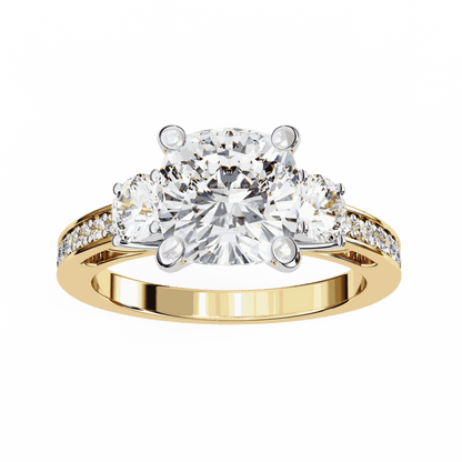 Cushion Cut Lab Grown Diamond Three Stone Engagement Ring with Round Side Stones and Pave Band