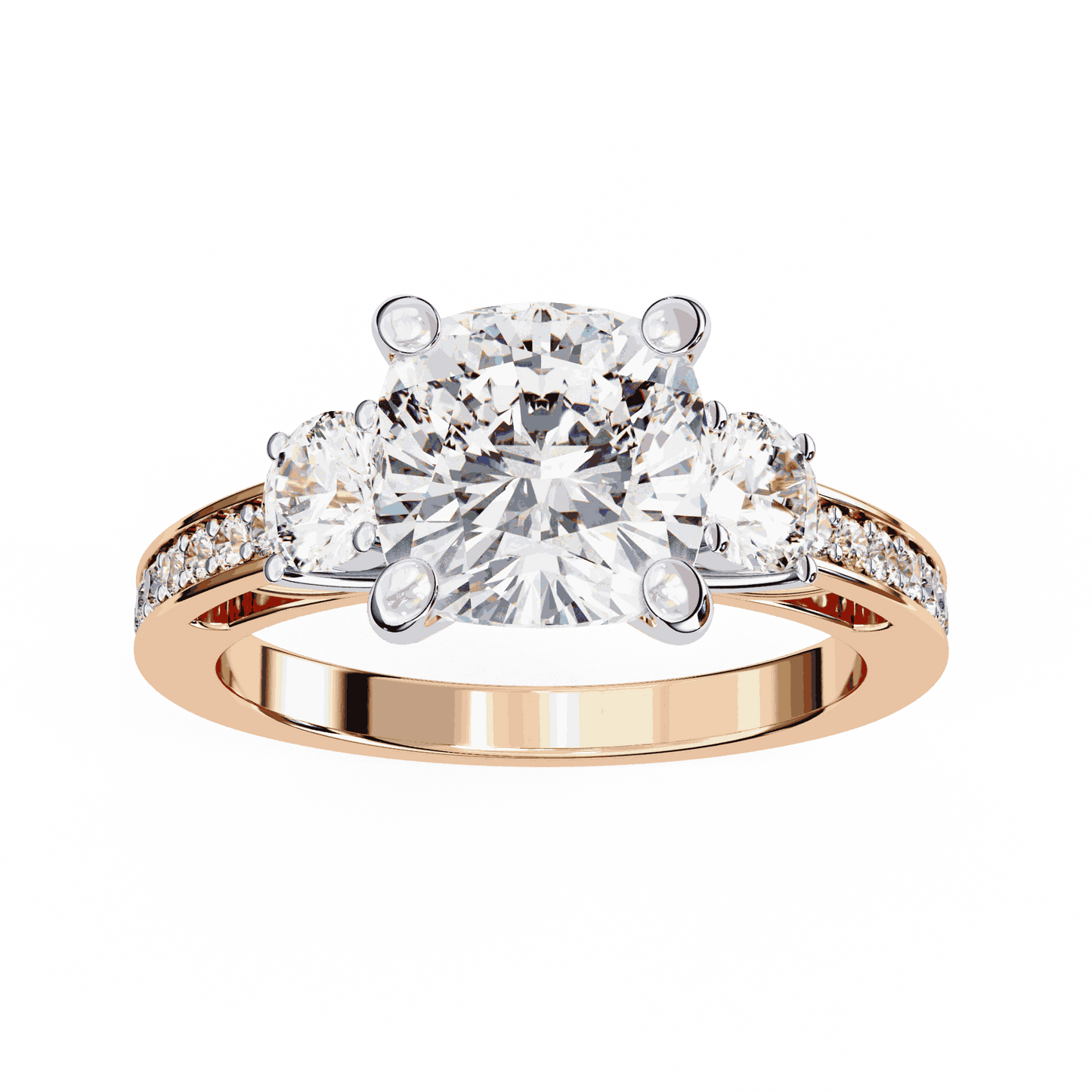 Cushion Cut Lab Grown Diamond Three Stone Engagement Ring with Round Side Stones and Pave Band
