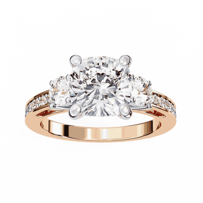 Cushion Cut Lab Grown Diamond Three Stone Engagement Ring with Round Side Stones and Pave Band