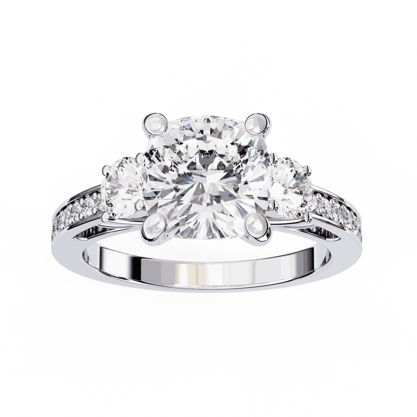 Cushion Cut Lab Grown Diamond Three Stone Engagement Ring with Round Side Stones and Pave Band