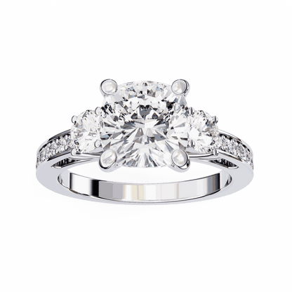 Cushion Cut Lab Grown Diamond Three Stone Engagement Ring with Round Side Stones and Pave Band