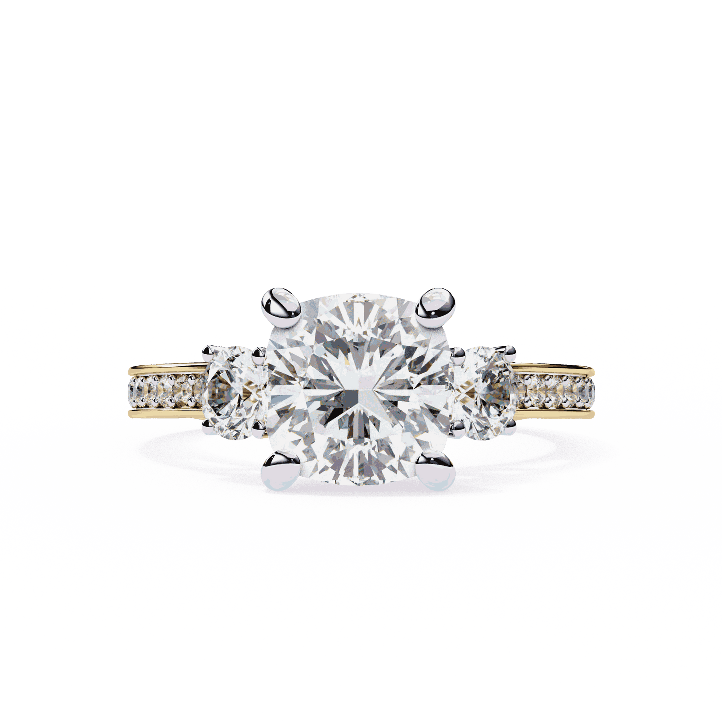 Cushion Cut Lab Grown Diamond Three Stone Engagement Ring with Round Side Stones and Pave Band