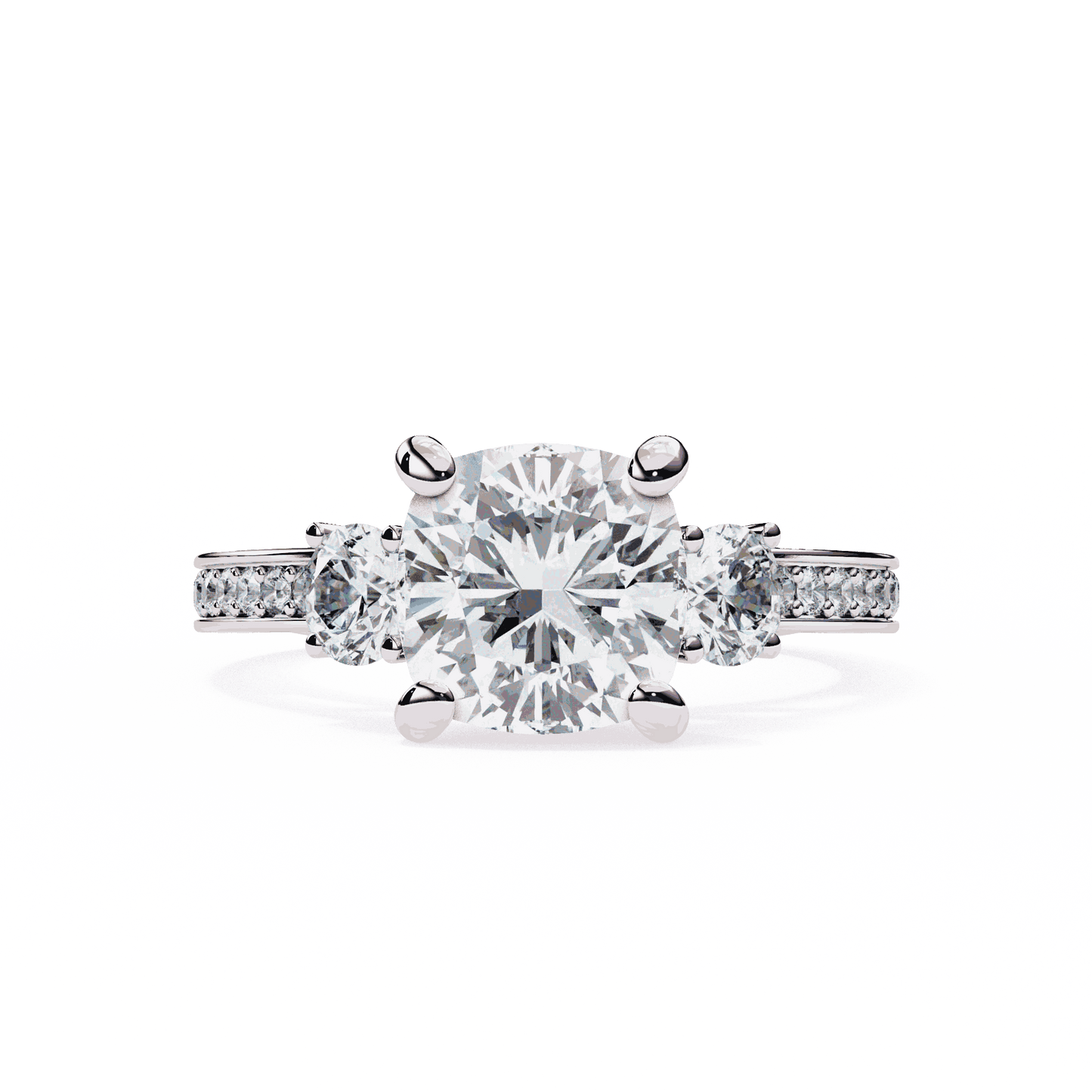 Cushion Cut Lab Grown Diamond Three Stone Engagement Ring with Round Side Stones and Pave Band