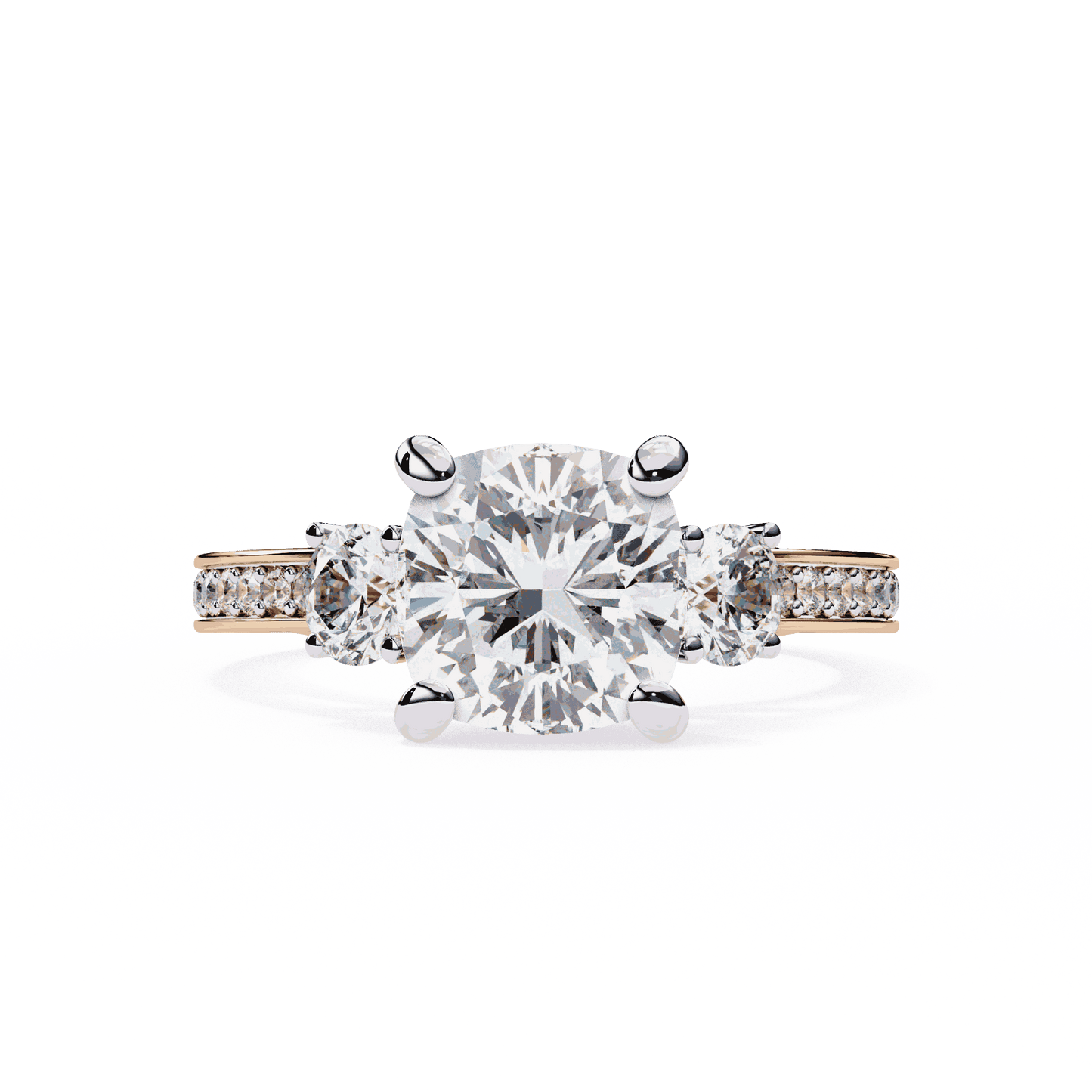 Cushion Cut Lab Grown Diamond Three Stone Engagement Ring with Round Side Stones and Pave Band