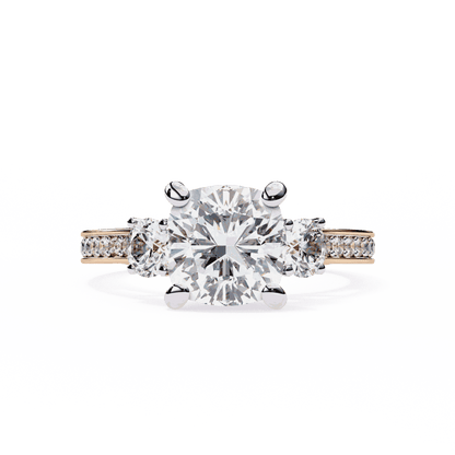 Cushion Cut Lab Grown Diamond Three Stone Engagement Ring with Round Side Stones and Pave Band