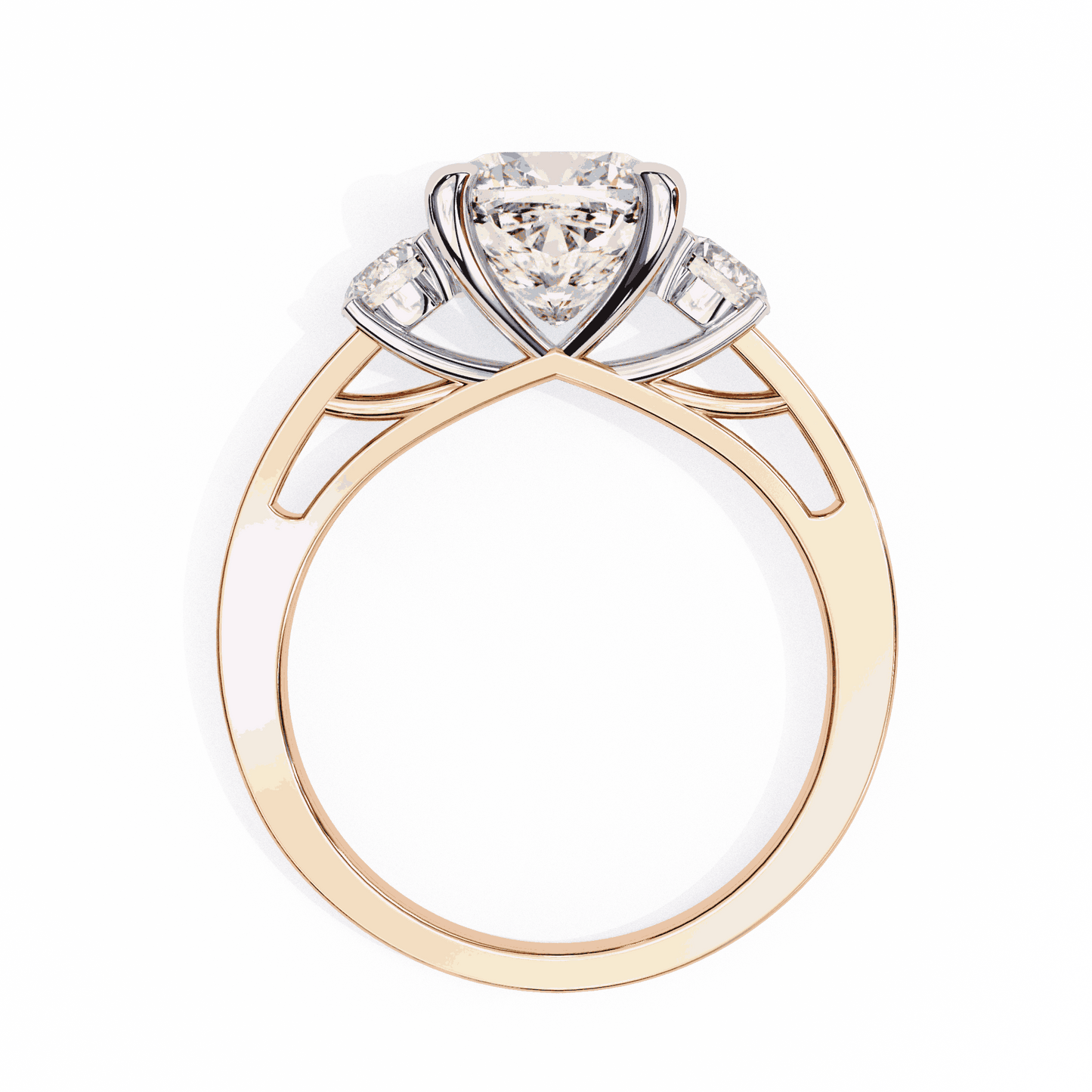 Cushion Cut Lab Grown Diamond Three Stone Engagement Ring with Round Side Stones and Pave Band