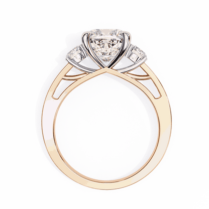 Cushion Cut Lab Grown Diamond Three Stone Engagement Ring with Round Side Stones and Pave Band