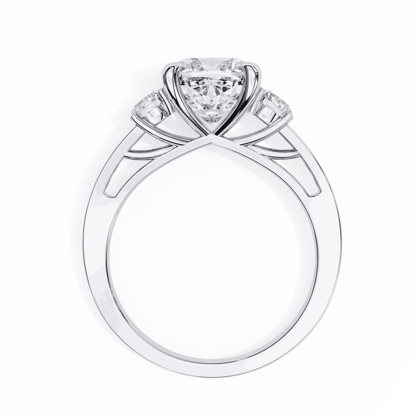 Cushion Cut Lab Grown Diamond Three Stone Engagement Ring with Round Side Stones and Pave Band