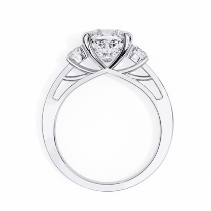 Cushion Cut Lab Grown Diamond Three Stone Engagement Ring with Round Side Stones and Pave Band