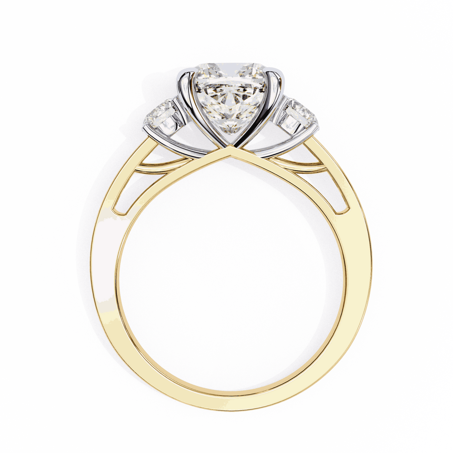 Cushion Cut Lab Grown Diamond Three Stone Engagement Ring with Round Side Stones and Pave Band