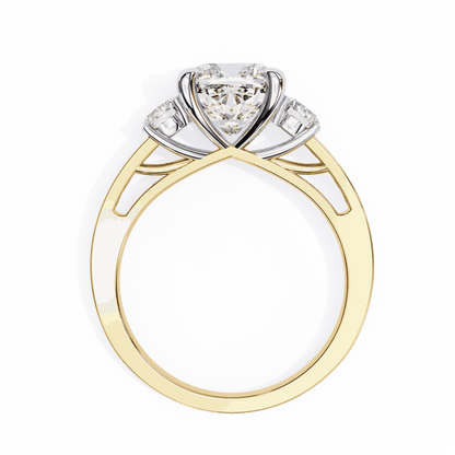 Cushion Cut Lab Grown Diamond Three Stone Engagement Ring with Round Side Stones and Pave Band