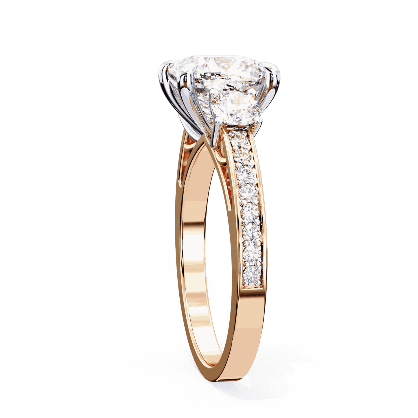 Cushion Cut Lab Grown Diamond Three Stone Engagement Ring with Round Side Stones and Pave Band