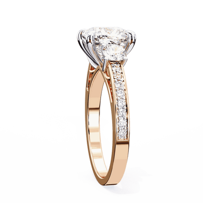 Cushion Cut Lab Grown Diamond Three Stone Engagement Ring with Round Side Stones and Pave Band