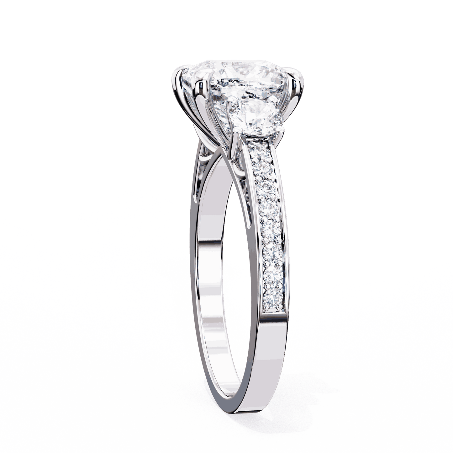Cushion Cut Lab Grown Diamond Three Stone Engagement Ring with Round Side Stones and Pave Band