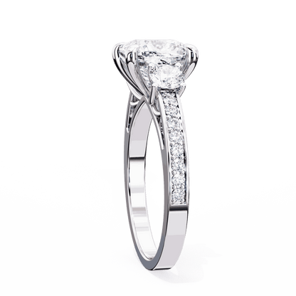 Cushion Cut Lab Grown Diamond Three Stone Engagement Ring with Round Side Stones and Pave Band