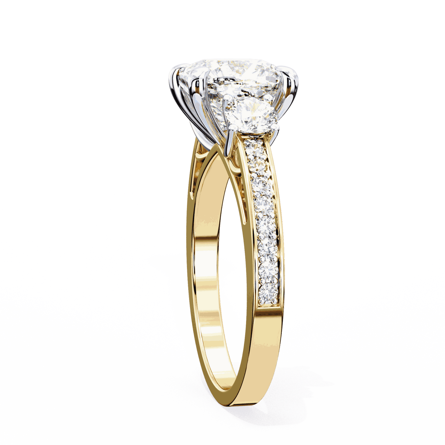 Cushion Cut Lab Grown Diamond Three Stone Engagement Ring with Round Side Stones and Pave Band
