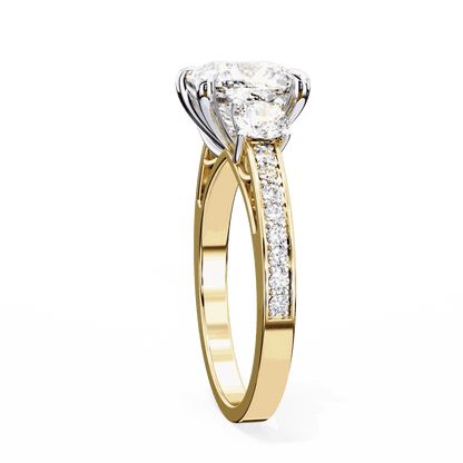 Cushion Cut Lab Grown Diamond Three Stone Engagement Ring with Round Side Stones and Pave Band