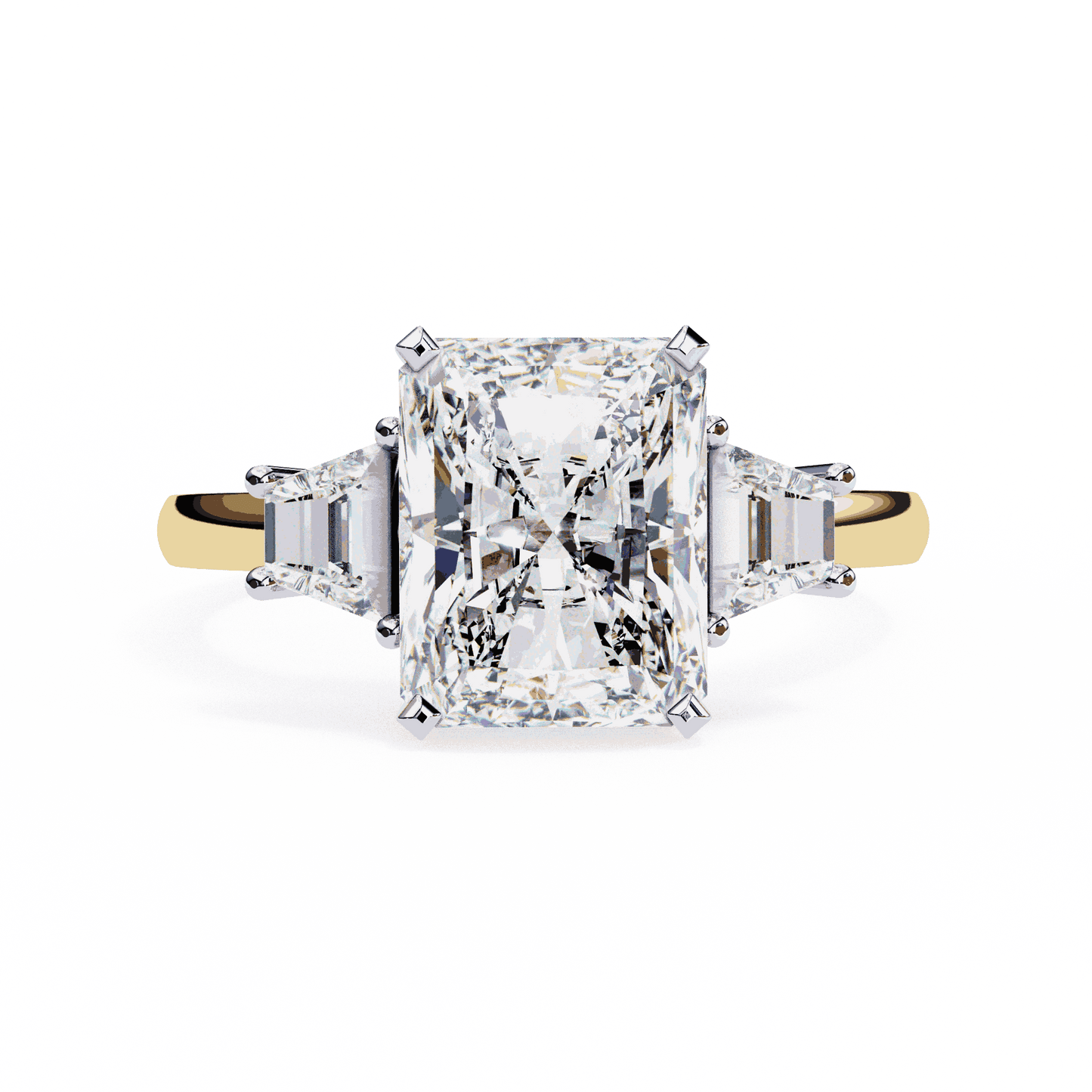 Radiant Cut Lab Grown Diamond Three Stone Engagement Ring with Trapezoid Side Stones