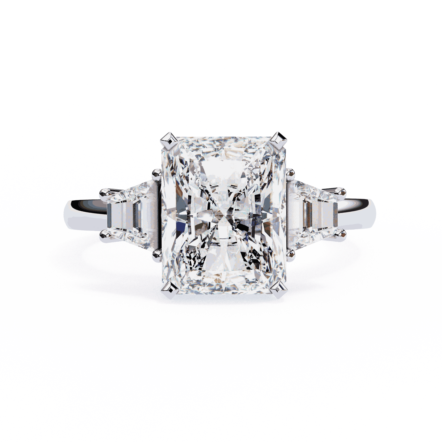 Radiant Cut Lab Grown Diamond Three Stone Engagement Ring with Trapezoid Side Stones