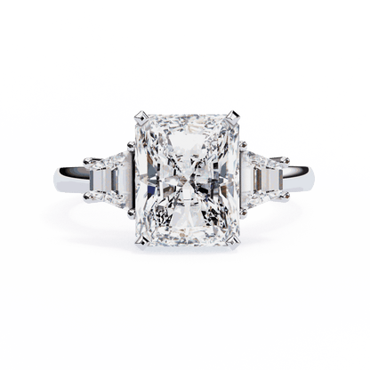 Radiant Cut Lab Grown Diamond Three Stone Engagement Ring with Trapezoid Side Stones