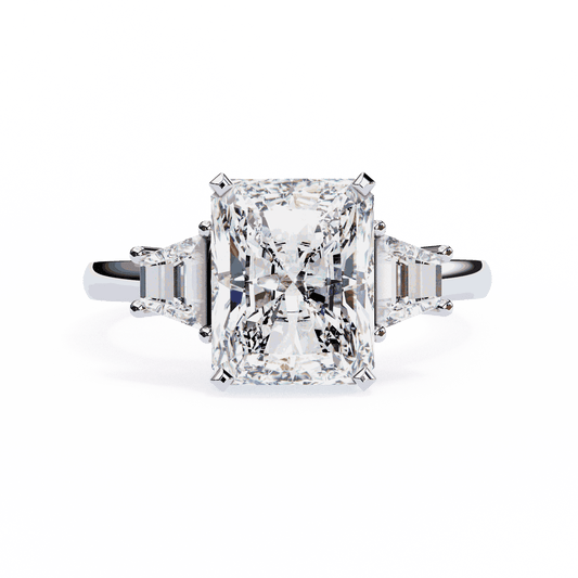 Radiant Cut Lab Grown Diamond Three Stone Engagement Ring with Trapezoid Side Stones
