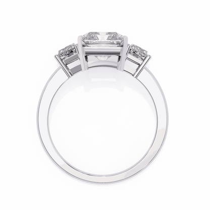 Radiant Cut Lab Grown Diamond Three Stone Engagement Ring with Trapezoid Side Stones