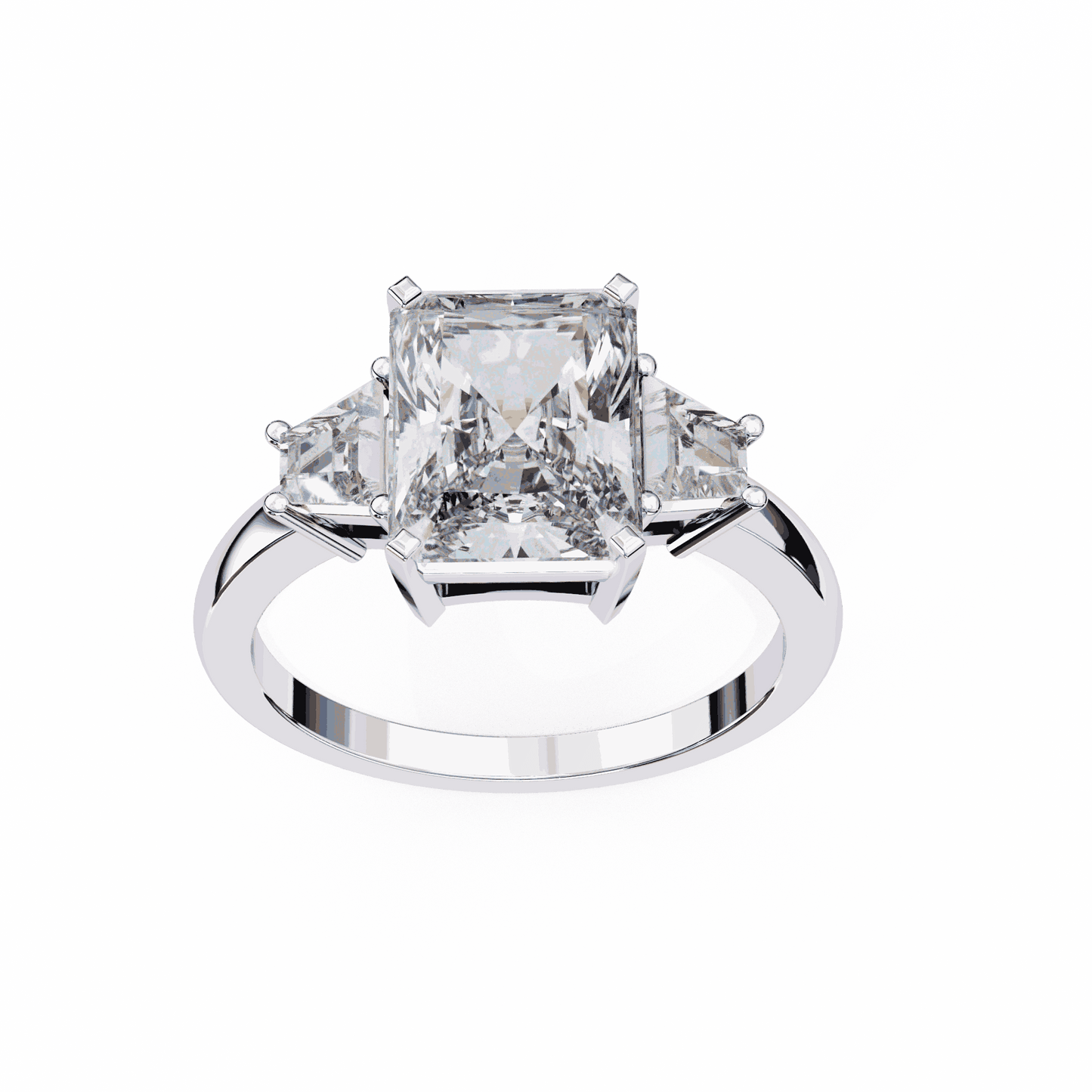 Radiant Cut Lab Grown Diamond Three Stone Engagement Ring with Trapezoid Side Stones