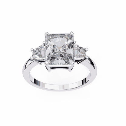 Radiant Cut Lab Grown Diamond Three Stone Engagement Ring with Trapezoid Side Stones