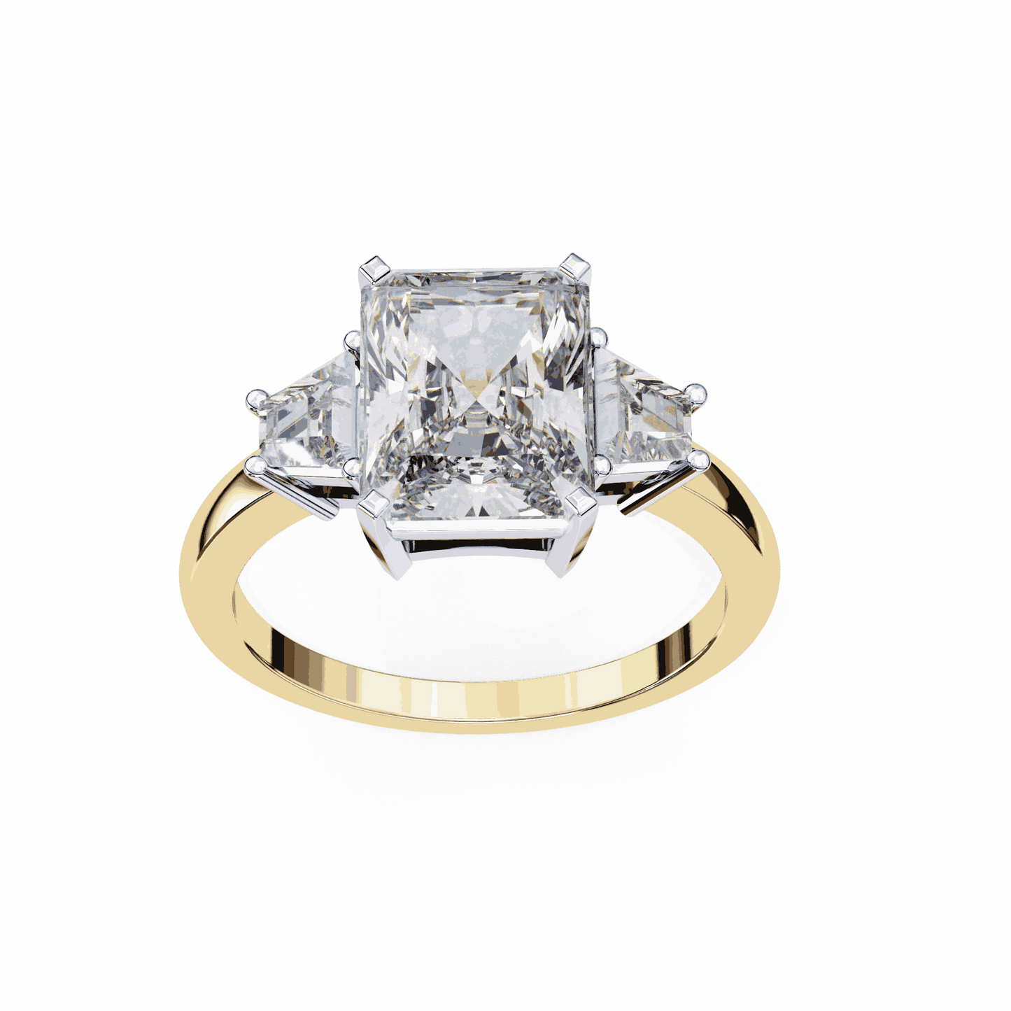 Radiant Cut Lab Grown Diamond Three Stone Engagement Ring with Trapezoid Side Stones