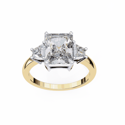 Radiant Cut Lab Grown Diamond Three Stone Engagement Ring with Trapezoid Side Stones