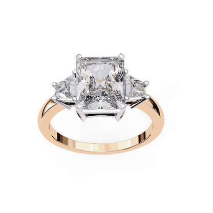 Radiant Cut Lab Grown Diamond Three Stone Engagement Ring with Trapezoid Side Stones
