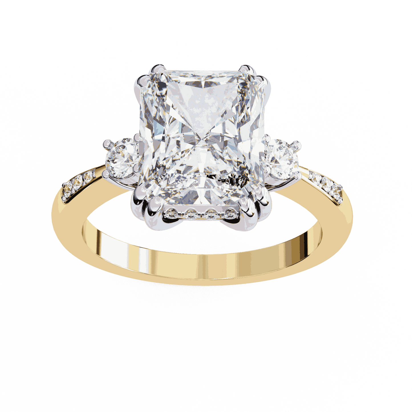 Radiant Cut Lab Grown Diamond Three Stone Engagement Ring with Round Side Stones and Pave Band