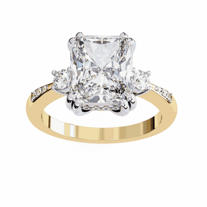 Radiant Cut Lab Grown Diamond Three Stone Engagement Ring with Round Side Stones and Pave Band