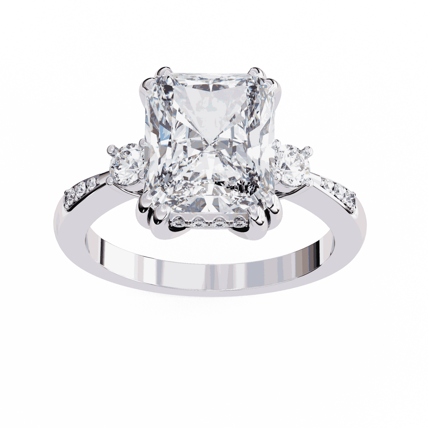 Radiant Cut Lab Grown Diamond Three Stone Engagement Ring with Round Side Stones and Pave Band