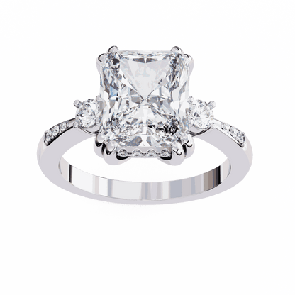 Radiant Cut Lab Grown Diamond Three Stone Engagement Ring with Round Side Stones and Pave Band