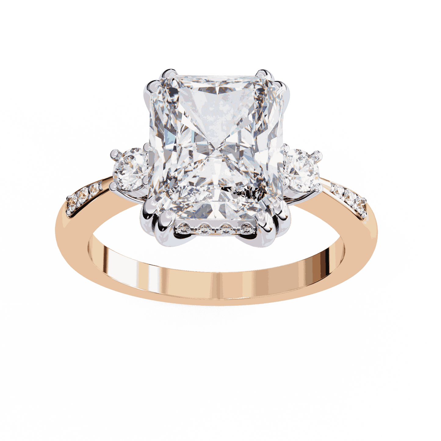 Radiant Cut Lab Grown Diamond Three Stone Engagement Ring with Round Side Stones and Pave Band