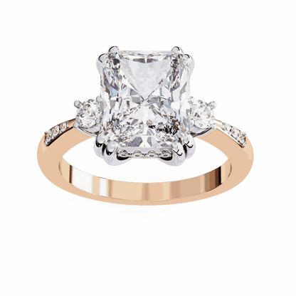 Radiant Cut Lab Grown Diamond Three Stone Engagement Ring with Round Side Stones and Pave Band