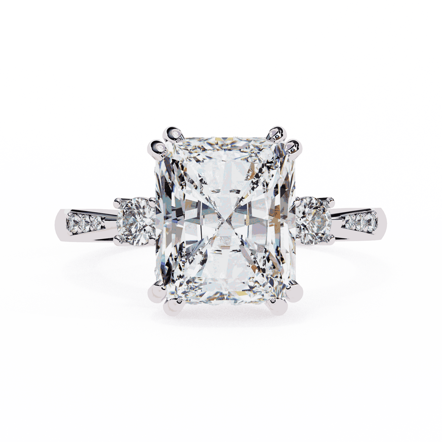 Radiant Cut Lab Grown Diamond Three Stone Engagement Ring with Round Side Stones and Pave Band
