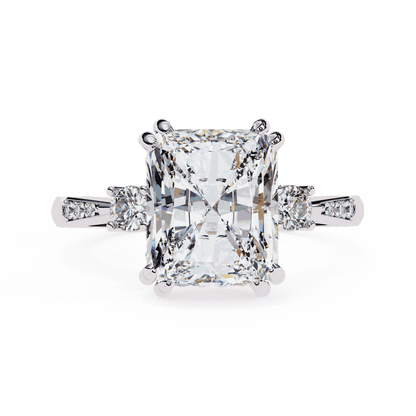 Radiant Cut Lab Grown Diamond Three Stone Engagement Ring with Round Side Stones and Pave Band