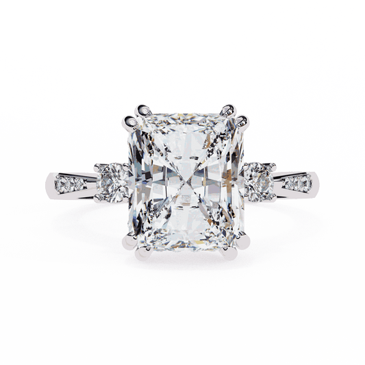 Radiant Cut Lab Grown Diamond Three Stone Engagement Ring with Round Side Stones and Pave Band