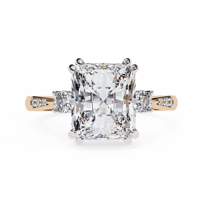 Radiant Cut Lab Grown Diamond Three Stone Engagement Ring with Round Side Stones and Pave Band