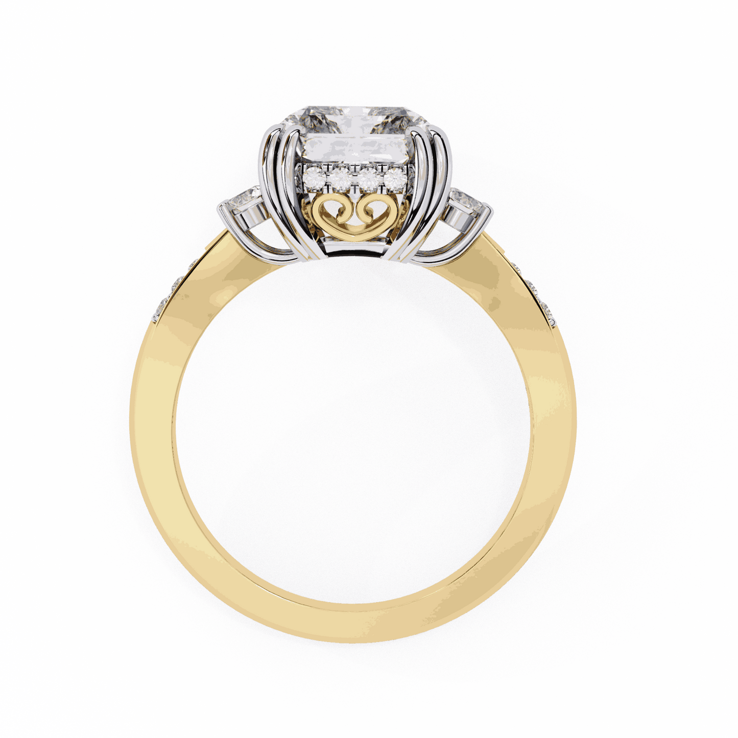 Radiant Cut Lab Grown Diamond Three Stone Engagement Ring with Round Side Stones and Pave Band