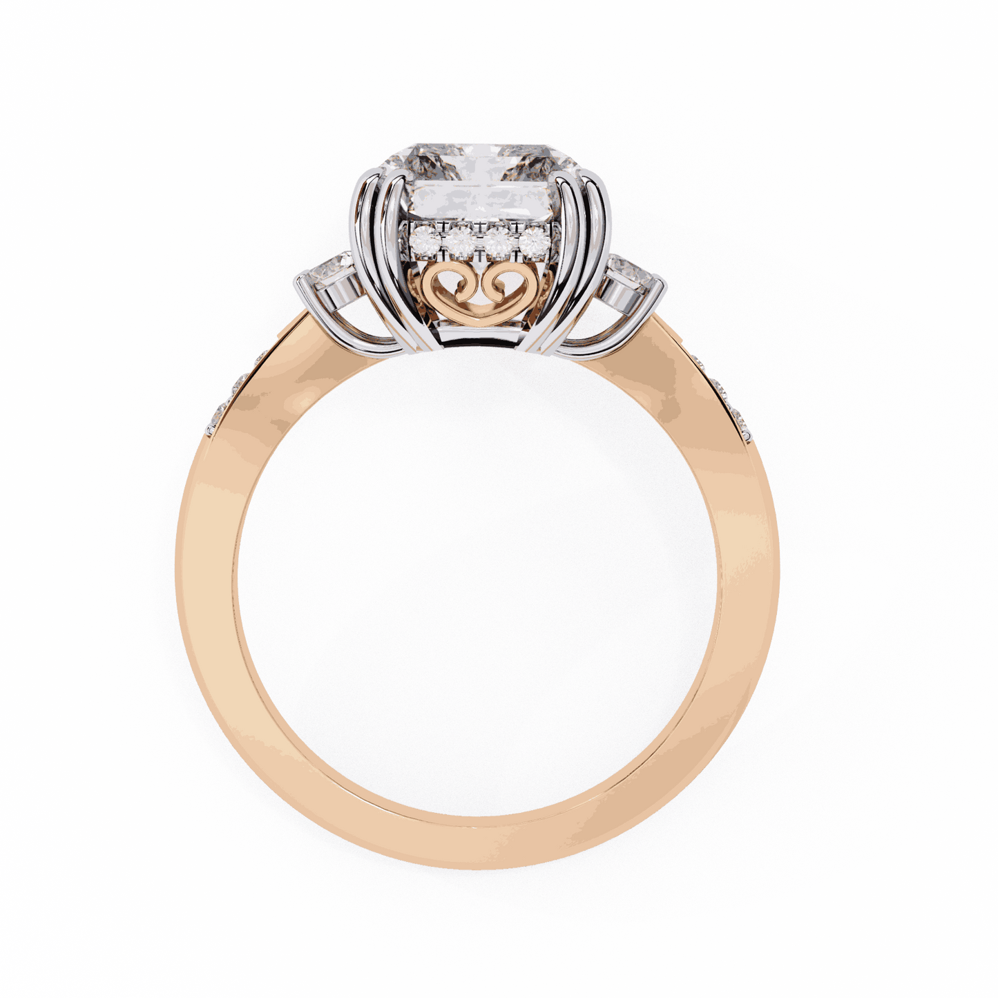 Radiant Cut Lab Grown Diamond Three Stone Engagement Ring with Round Side Stones and Pave Band
