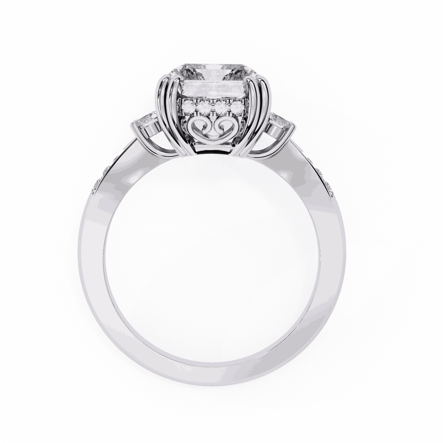 Radiant Cut Lab Grown Diamond Three Stone Engagement Ring with Round Side Stones and Pave Band