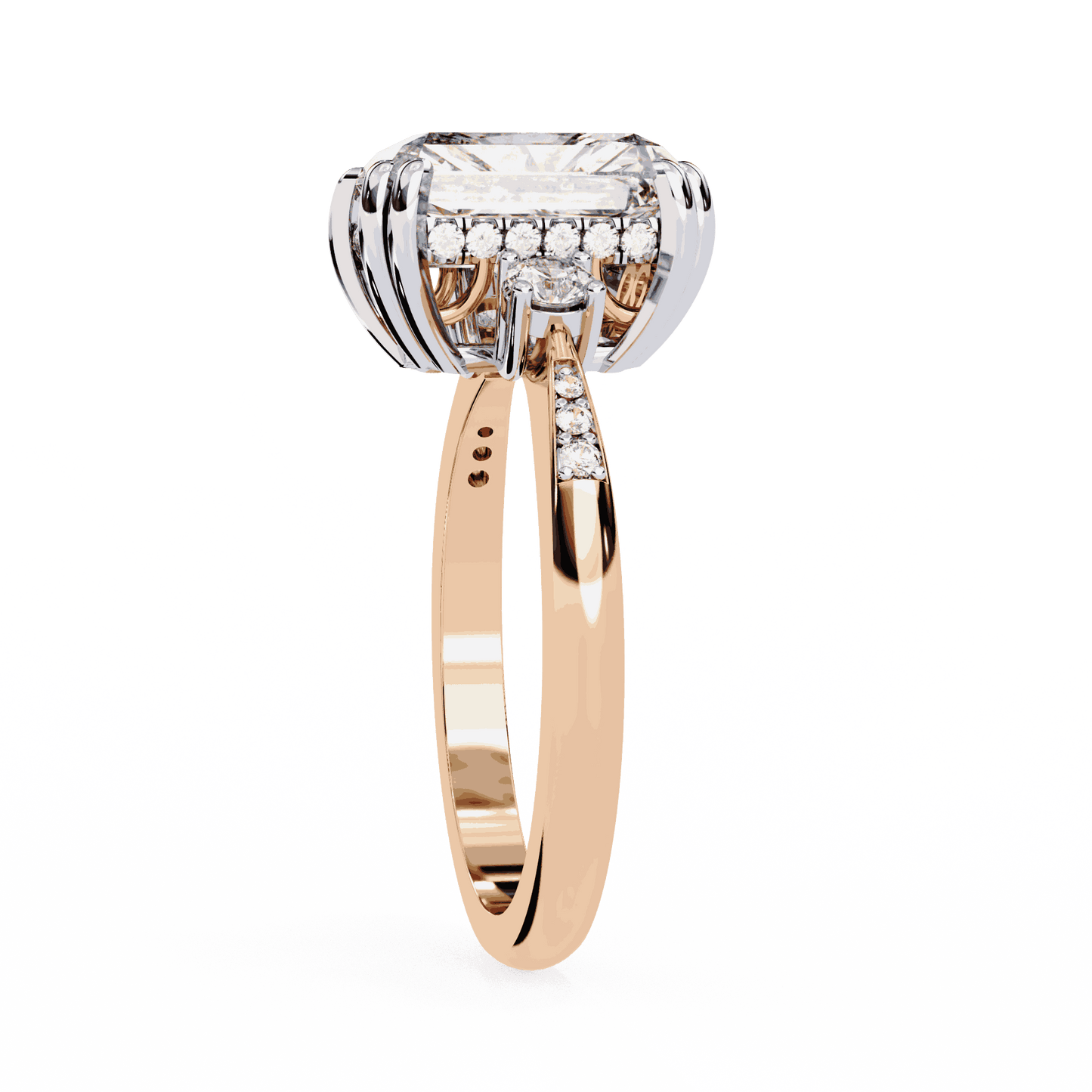 Radiant Cut Lab Grown Diamond Three Stone Engagement Ring with Round Side Stones and Pave Band