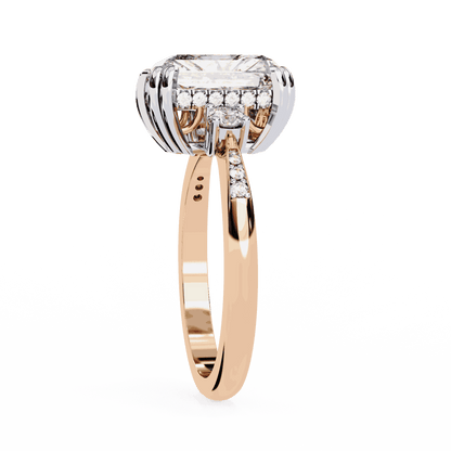 Radiant Cut Lab Grown Diamond Three Stone Engagement Ring with Round Side Stones and Pave Band