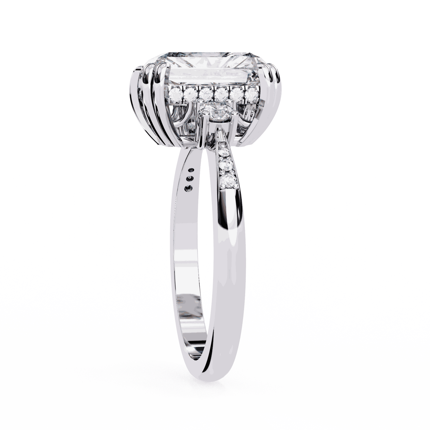Radiant Cut Lab Grown Diamond Three Stone Engagement Ring with Round Side Stones and Pave Band
